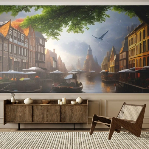 Papier Peint Photo Premium Sand - Paysage urbain néerlandais - Vieille ville, Bateaux, Canal - 400x280 cm