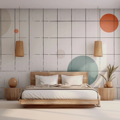 Papier Peint Photo Premium Canvas - Cercles colorés abstraits sur un fond de grille géométrique - 100x70cm - Piégé. Nous ou eux ? - Décoration murale moderne pour le salon et la chambre ARTTOR