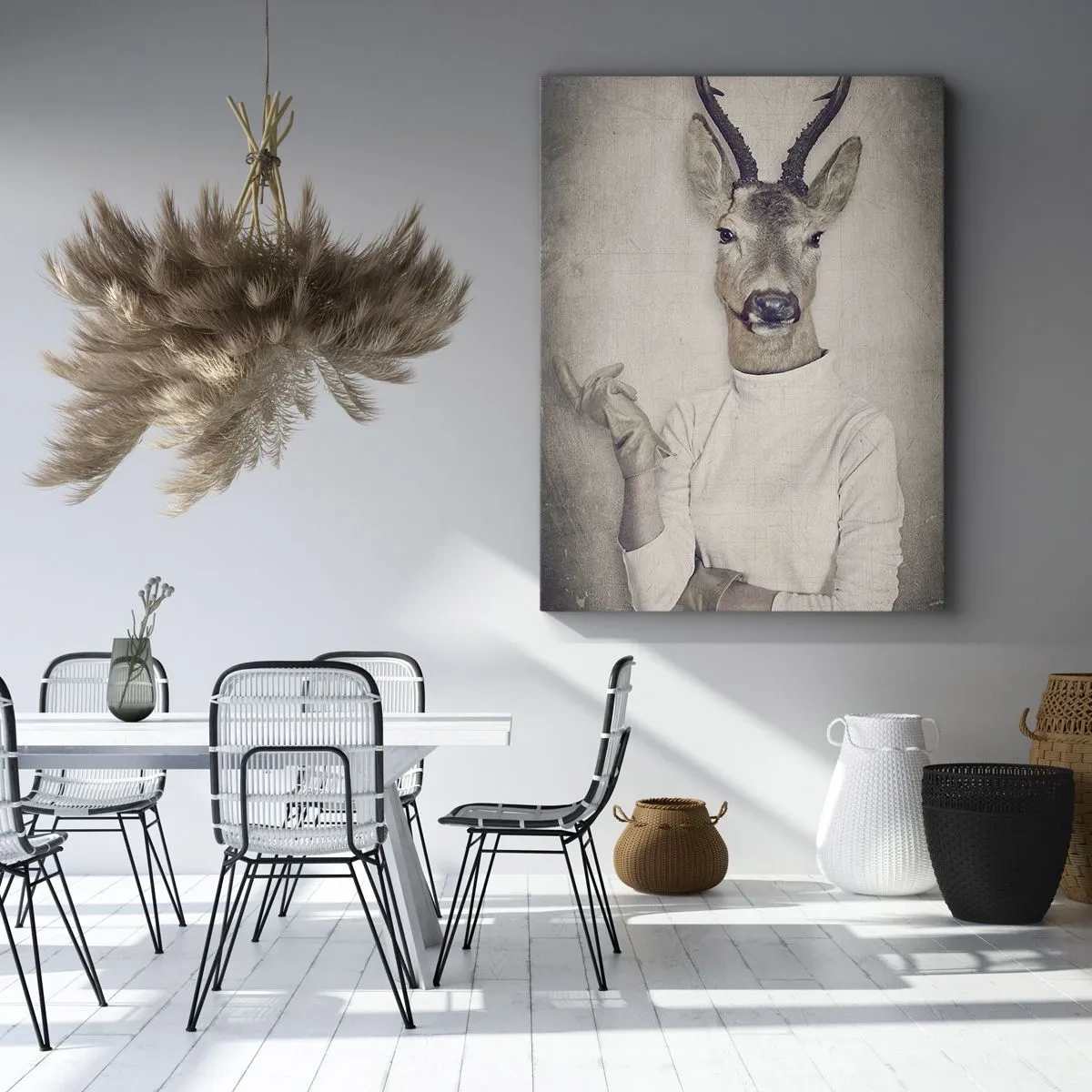 Impression sur toile - Image sur toile - Un triptyque avec des figures animales en vêtements humains sur un fond artistique - 70x100cm - Laissons parler les gestes - Décoration murale moderne pour le salon et la chambre ARTTOR