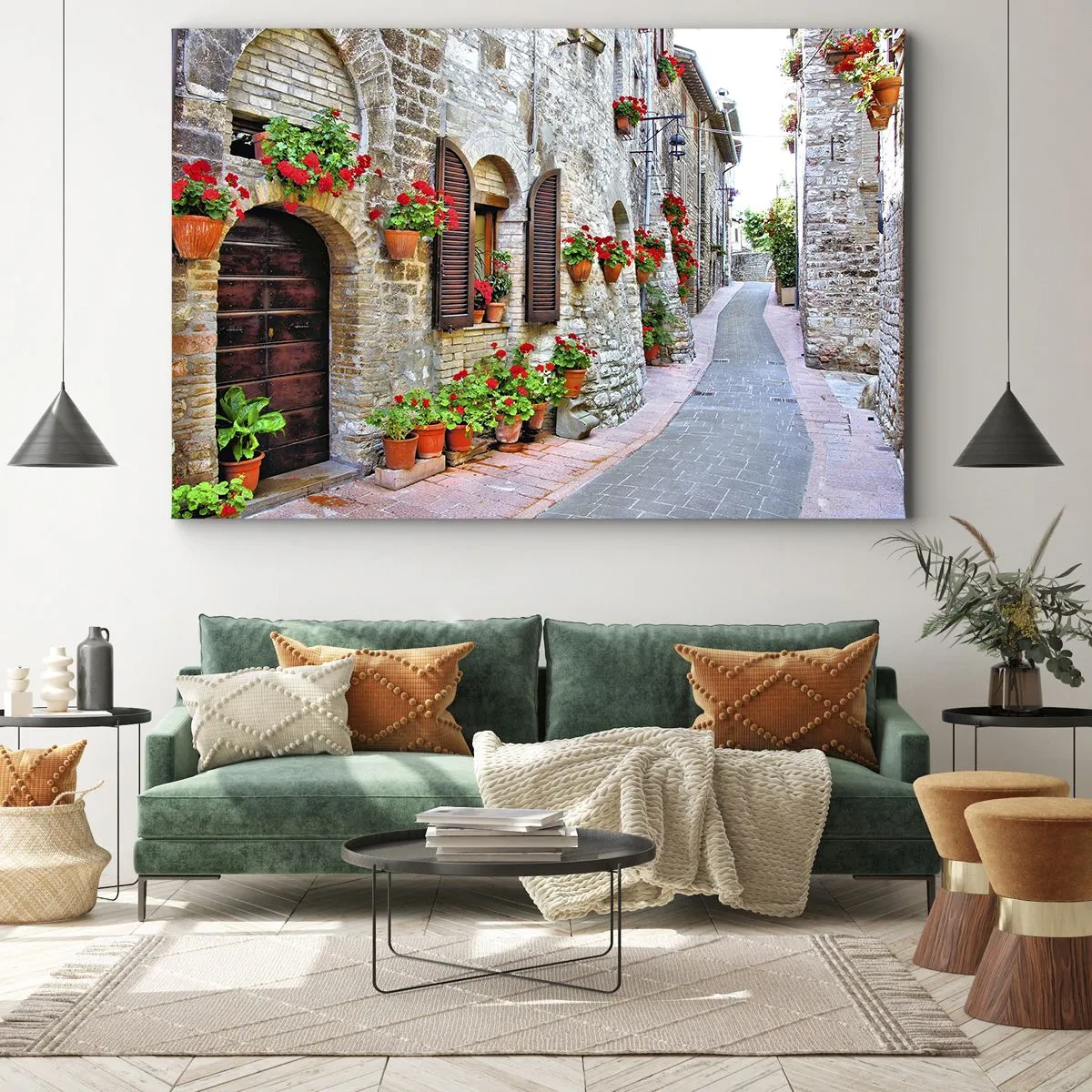 Impression sur toile - Image sur toile - Une rue étroite avec des bâtiments en pierre décorés de pots de fleurs - 120x80cm - Ambiance italienne - Décoration murale moderne pour le salon et la chambre ARTTOR