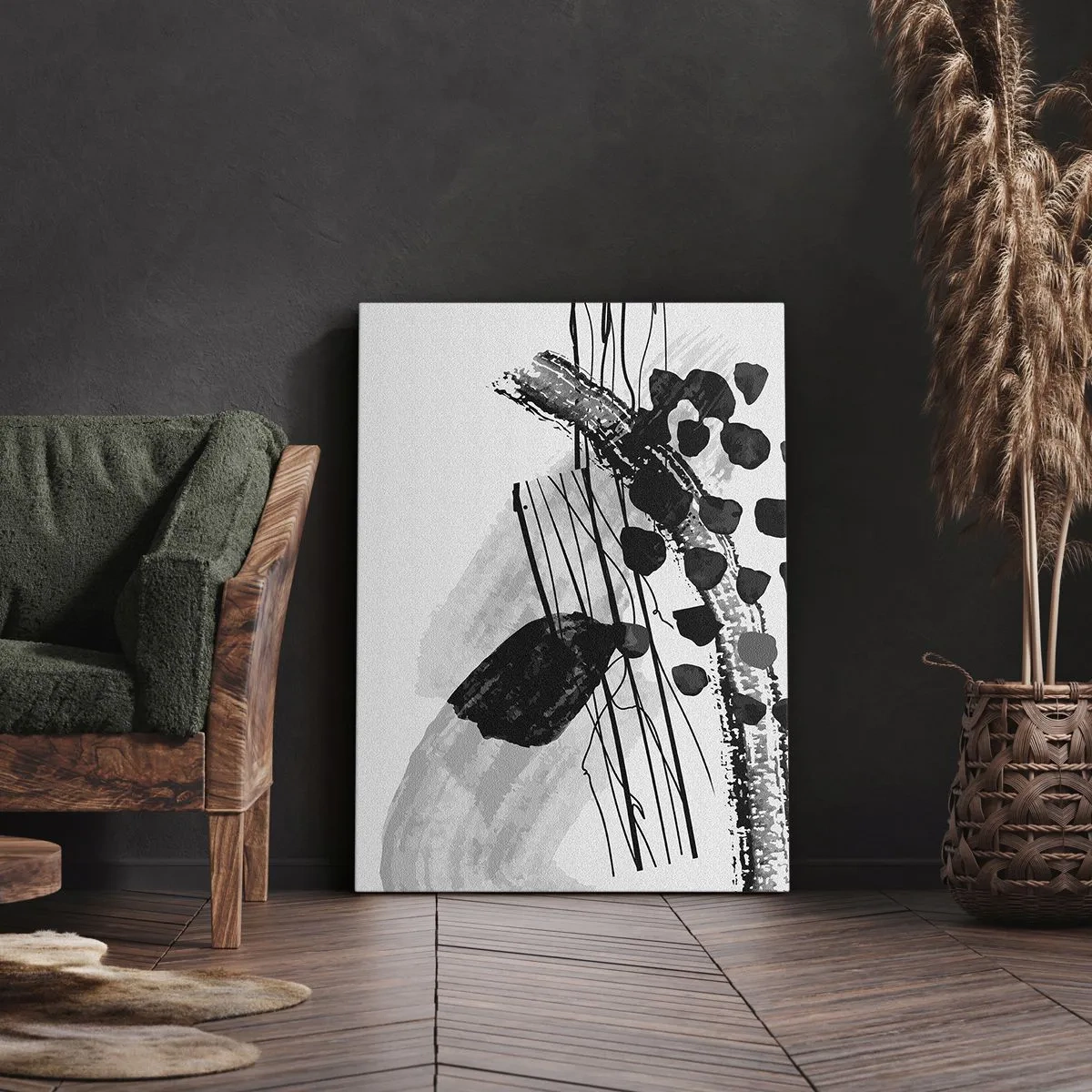 Impression sur toile - Image sur toile - Composition abstraite en noir et blanc avec des formes organiques - 50x70cm - Abstraction organique noir et blanc - Décoration murale moderne pour le salon et la chambre ARTTOR