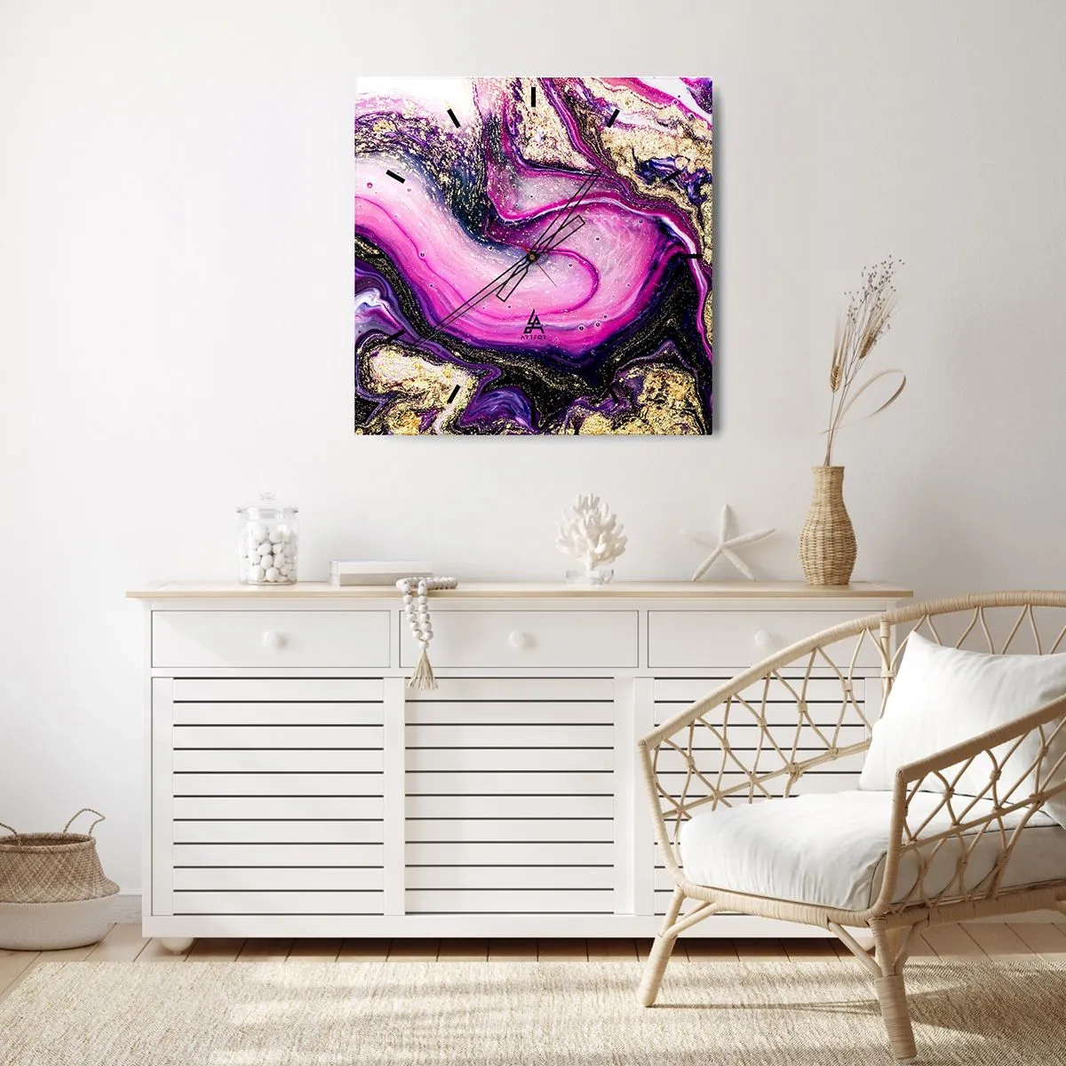 Horloge murale - Pendule murale - Vagues abstraites dans des tons violets et dorés - 30x30cm - Un instant dans les coulisses - Décoration murale moderne pour le salon et la chambre ARTTOR