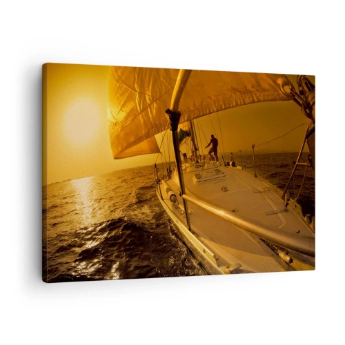 Impression sur toile - Image sur toile - Voilier en mer au coucher du soleil, lueur dorée. - 70x50cm - Une soirée en por après une journée haute en couleurs - Décoration murale moderne pour le salon et la chambre ARTTOR