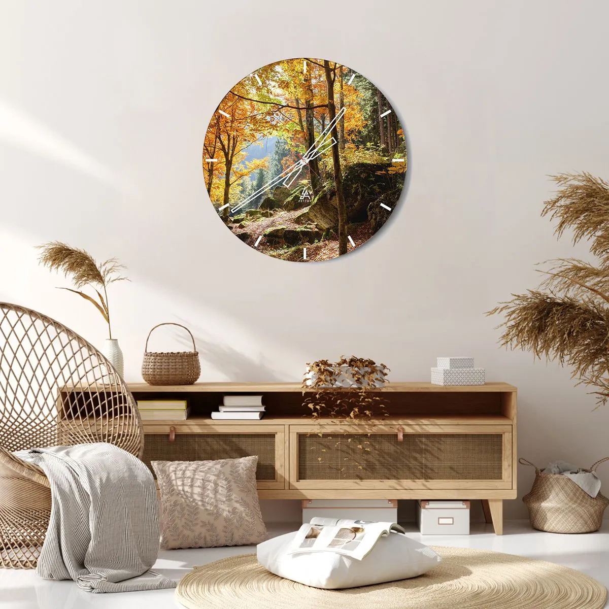 Horloge murale - Pendule murale - Forêt d'automne avec des rayons de soleil - 30x30cm - Il est temps de se détendre - Décoration murale moderne pour le salon, la cuisine et la chambre ARTTOR