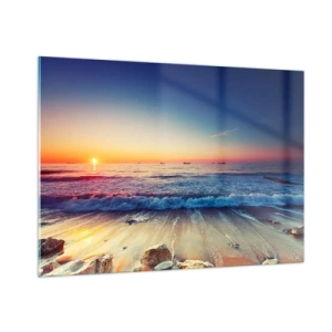 Impression sur verre - Image sur verre - Coucher de soleil sur la plage avec des vagues douces et une mer calme - 100x70cm - Mais quel horizon ? - Décoration murale moderne pour le salon et la chambre ARTTOR