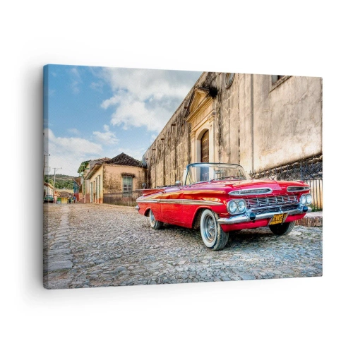 Impression sur toile - Image sur toile - Voiture classique rouge dans une rue pavée - 70x50cm - Émotions cubaines - Décoration murale moderne pour le salon et la chambre ARTTOR