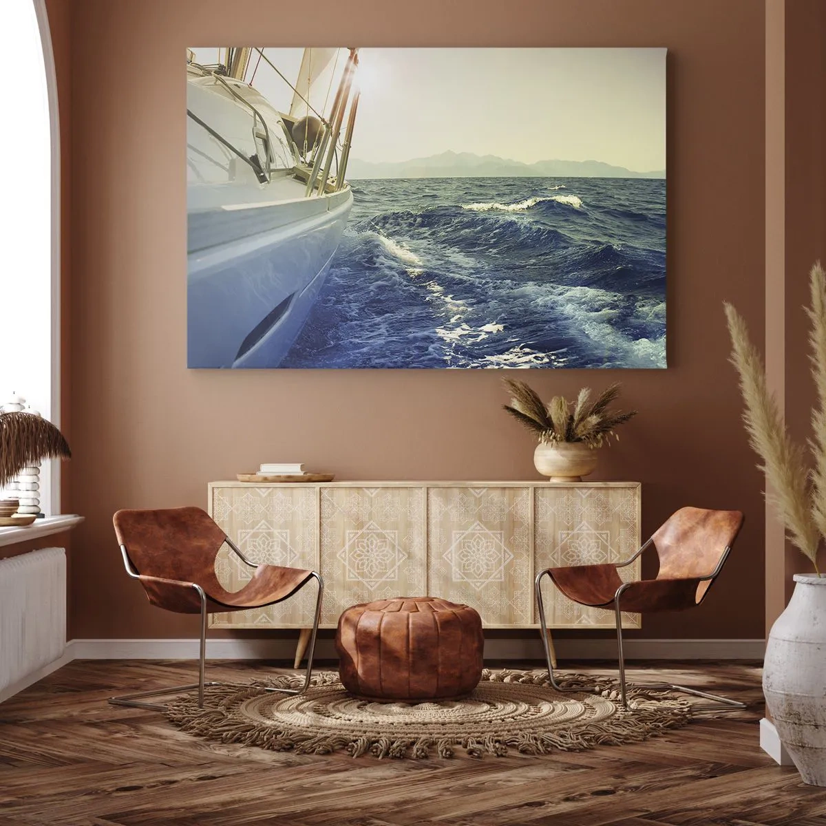 Impression sur toile - Image sur toile - Un yacht en pleine mer avec vue sur les vagues - 120x80cm - Suite à l'aventure - Décoration murale moderne pour le salon et la chambre ARTTOR
