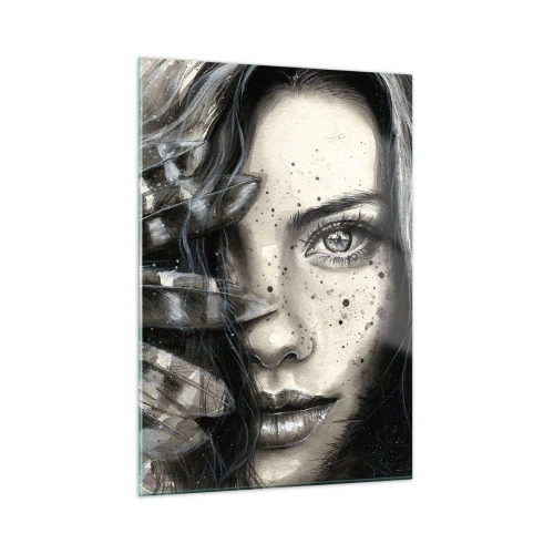 Impression sur verre - Image sur verre - Portrait d'une femme avec des plumes et des détails abstraits - 50x70cm - Beauté sauvage - Décoration murale moderne pour le salon et la chambre ARTTOR