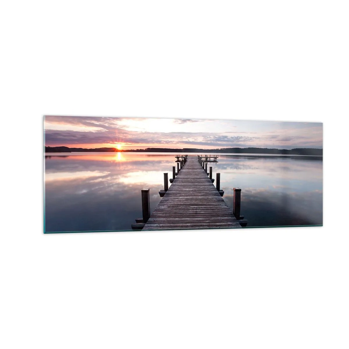 Impression sur verre - Image sur verre - Une jetée sur un lac au coucher du soleil dans un paysage paisible - 140x50cm - Une frontière tranquille entre le jour et la nuit - Décoration murale moderne pour le salon et la chambre ARTTOR
