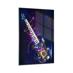 Impression sur verre - Image sur verre - Une guitare colorée avec un clavier et un microphone sur un fond sombre. - 80x120cm - Et tout va bien - Décoration murale moderne pour le salon et la chambre ARTTOR