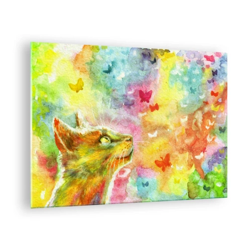 Impression sur verre - Image sur verre - Un chat observant des papillons colorés sur un fond pastel. - 70x50cm - Bayou-bayou au paradis des chats - Décoration murale moderne pour le salon et la chambre ARTTOR