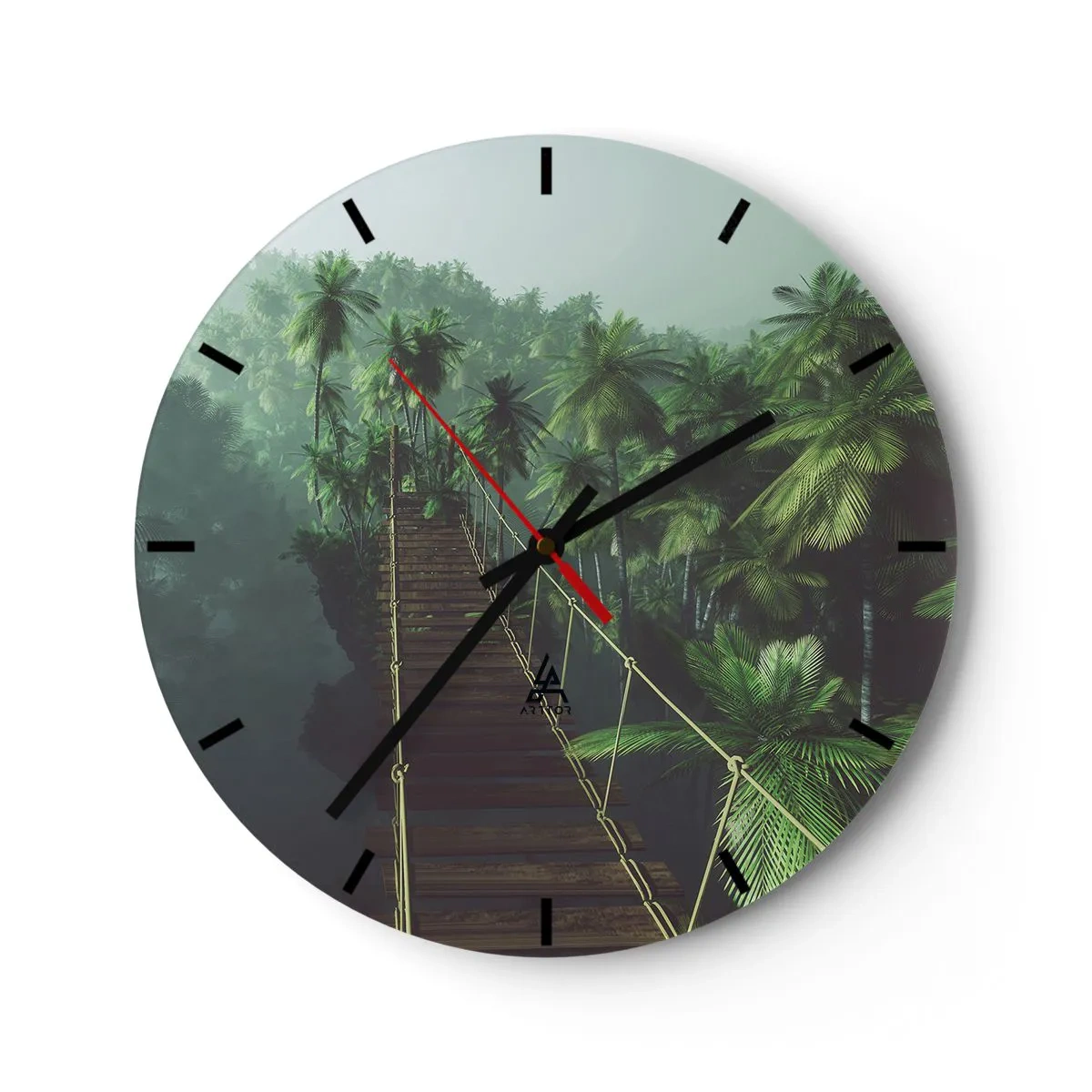 Horloge murale - Pendule murale - Un pont suspendu dans une forêt tropicale entourée de brouillard. - 30x30cm - Au fil de la verdure - Décoration murale moderne pour le salon, la cuisine et la chambre ARTTOR