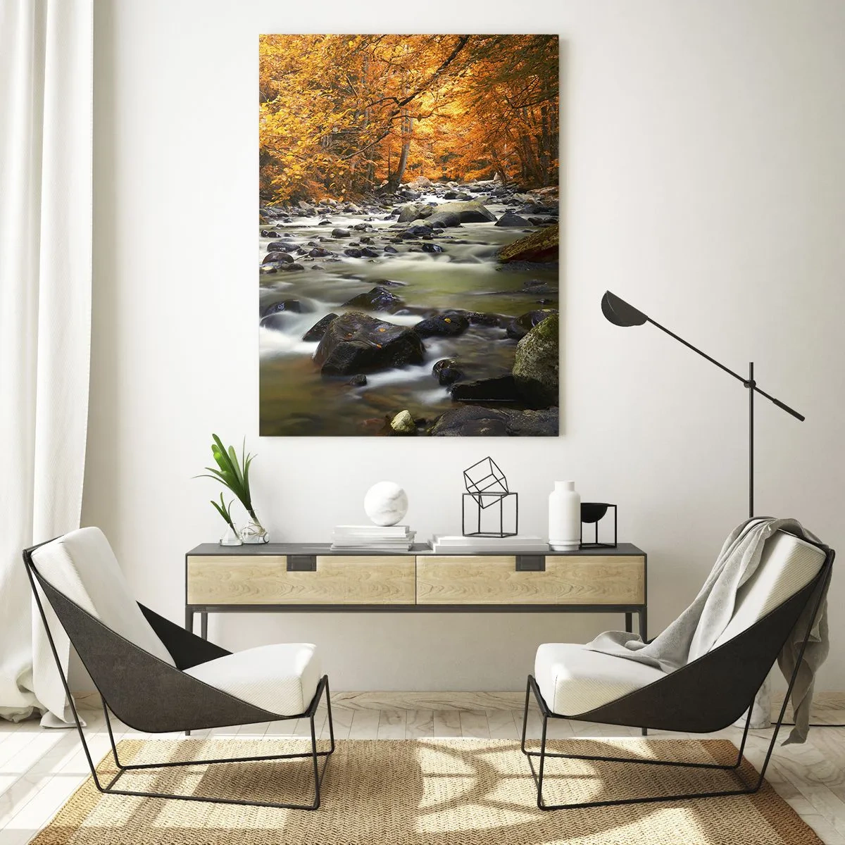 Impression sur verre - Image sur verre - Un ruisseau dans une forêt d'automne entouré de feuilles dorées - 80x120cm - Un ruisseau dans une forêt dorée - Décoration murale moderne pour le salon et la chambre ARTTOR