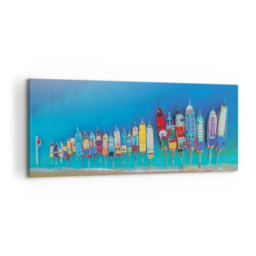 Impression sur toile - Image sur toile - Des bateaux colorés alignés en rangée sur le rivage - 120x50cm - Une vue à vol d'oiseau - Décoration murale moderne pour le salon et la chambre ARTTOR