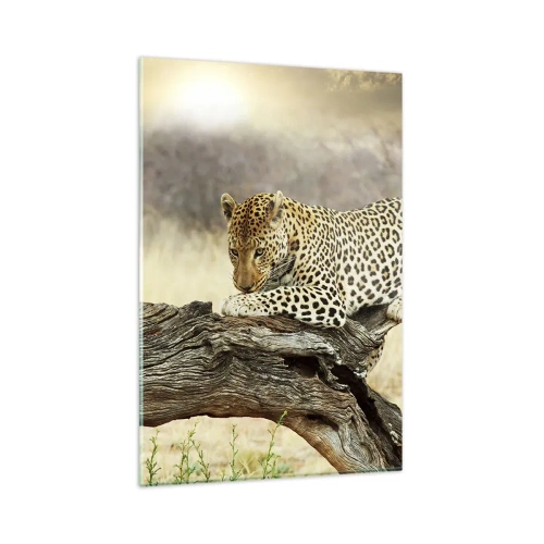 Impression sur verre - Image sur verre - Un léopard se reposant sur un tronc d'arbre dans la savane - 80x120cm - Je suis ma propre route - Décoration murale moderne pour le salon et la chambre ARTTOR