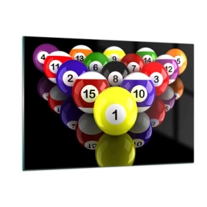 Impression sur verre - Image sur verre - Boules de billard colorées disposées sur un fond noir - 120x80cm - Différentes couleurs de jeu - Décoration murale moderne pour le salon et la chambre ARTTOR