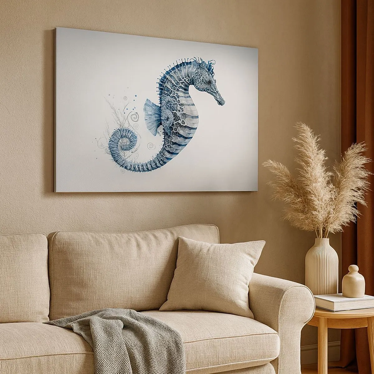 Impression sur toile - Image sur toile - Hippocampe dans des tons de bleu avec des détails à l'aquarelle - 70x50cm - Une subtile plaisanterie de la nature - Décoration murale moderne pour le salon et la chambre ARTTOR