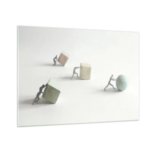 Impression sur verre - Image sur verre - Des figurines miniatures roulent et poussent des formes géométriques. - 100x70cm - Rien que la vie - Décoration murale moderne pour le salon et la chambre ARTTOR