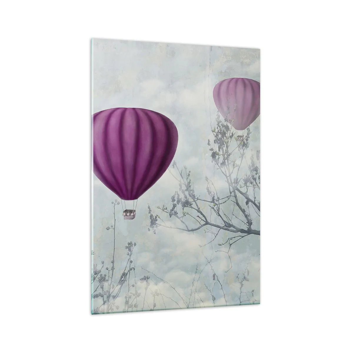 Impression sur verre - Image sur verre - Des ballons violets flottant au-dessus des arbres dans les nuages - 70x100cm - Comme des navires dans le ciel - Décoration murale moderne pour le salon et la chambre ARTTOR