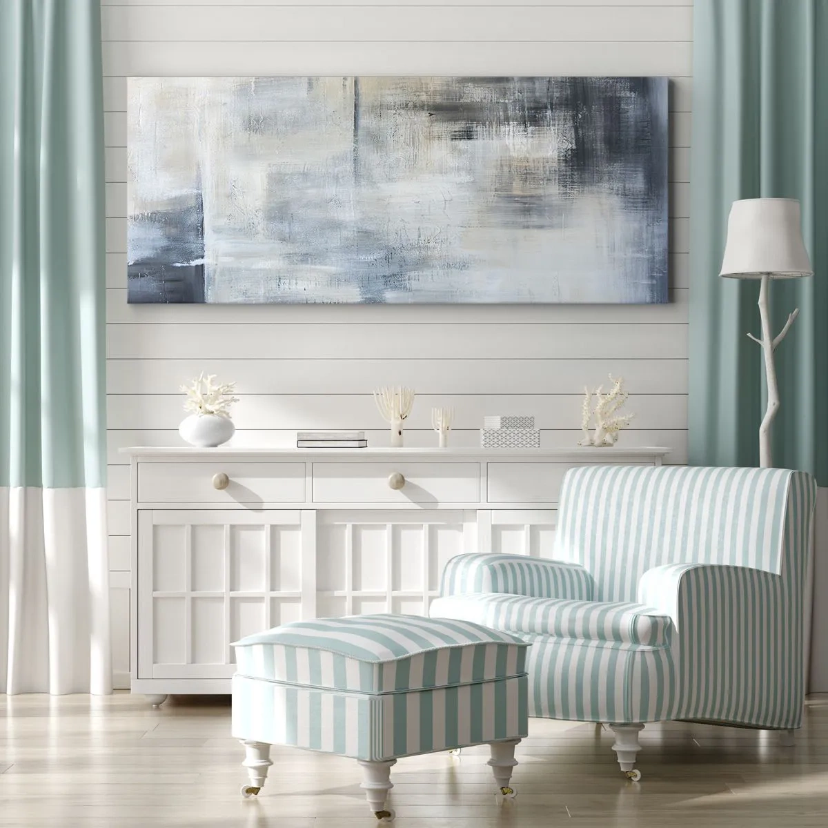 Impression sur toile - Image sur toile - Composition abstraite dans les tons de bleu et de gris - 140x50cm - Derrière le rideau bleu - Décoration murale moderne pour le salon et la chambre ARTTOR