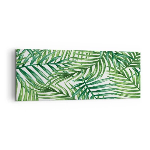 Impression sur toile - Image sur toile - Feuilles de palmier tropicales vertes sur fond clair - 140x50cm - Sous la canopée verte - Décoration murale moderne pour le salon et la chambre ARTTOR