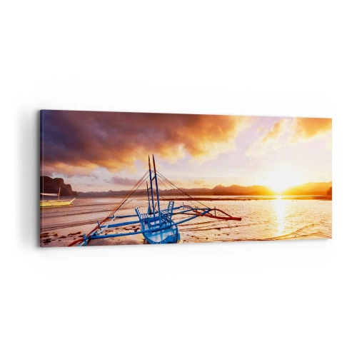 Impression sur toile - Image sur toile - Bateau bleu sur la plage au coucher du soleil - 120x50cm - Allongez-vous dans le sable après une longue journée - Décoration murale moderne pour le salon et la chambre ARTTOR
