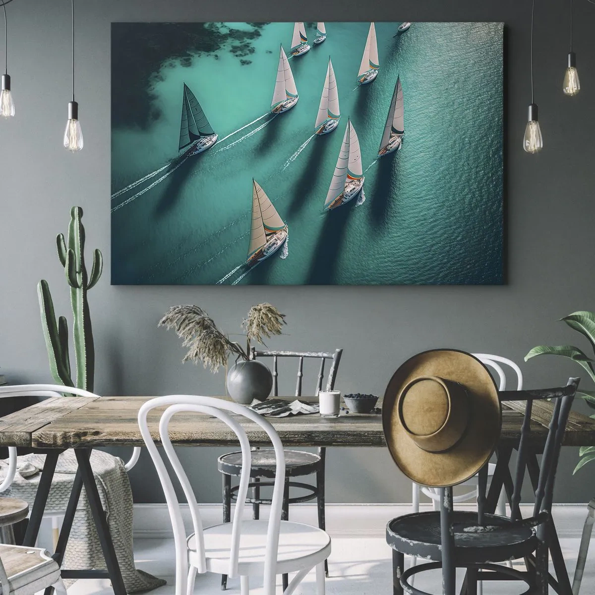 Impression sur toile - Image sur toile - Yachts sur l'eau turquoise en mouvement dynamique - 70x50cm - Dans une compétition avec le vent - Décoration murale moderne pour le salon et la chambre ARTTOR