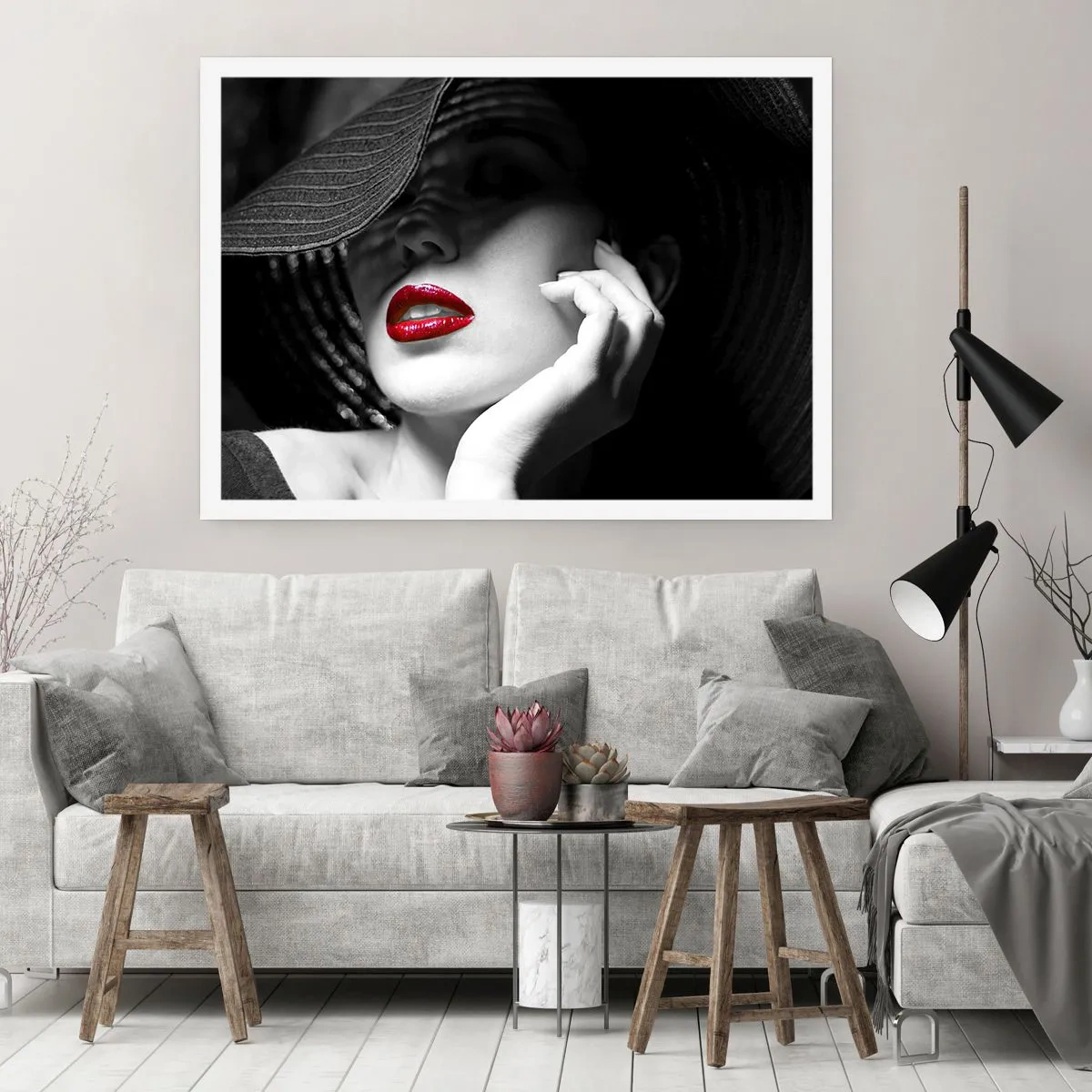 Affiche - Poster - Portrait noir et blanc d'une femme aux lèvres rouges - 100x70cm - Étude écarlate - Décoration murale moderne pour le salon et la chambre ARTTOR