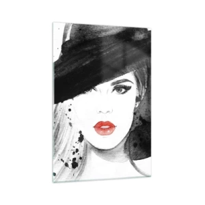 Impression sur verre - Image sur verre - Portrait d'une femme au chapeau et aux lèvres rouges - 70x100cm - Dame en noir - Décoration murale moderne pour le salon et la chambre ARTTOR