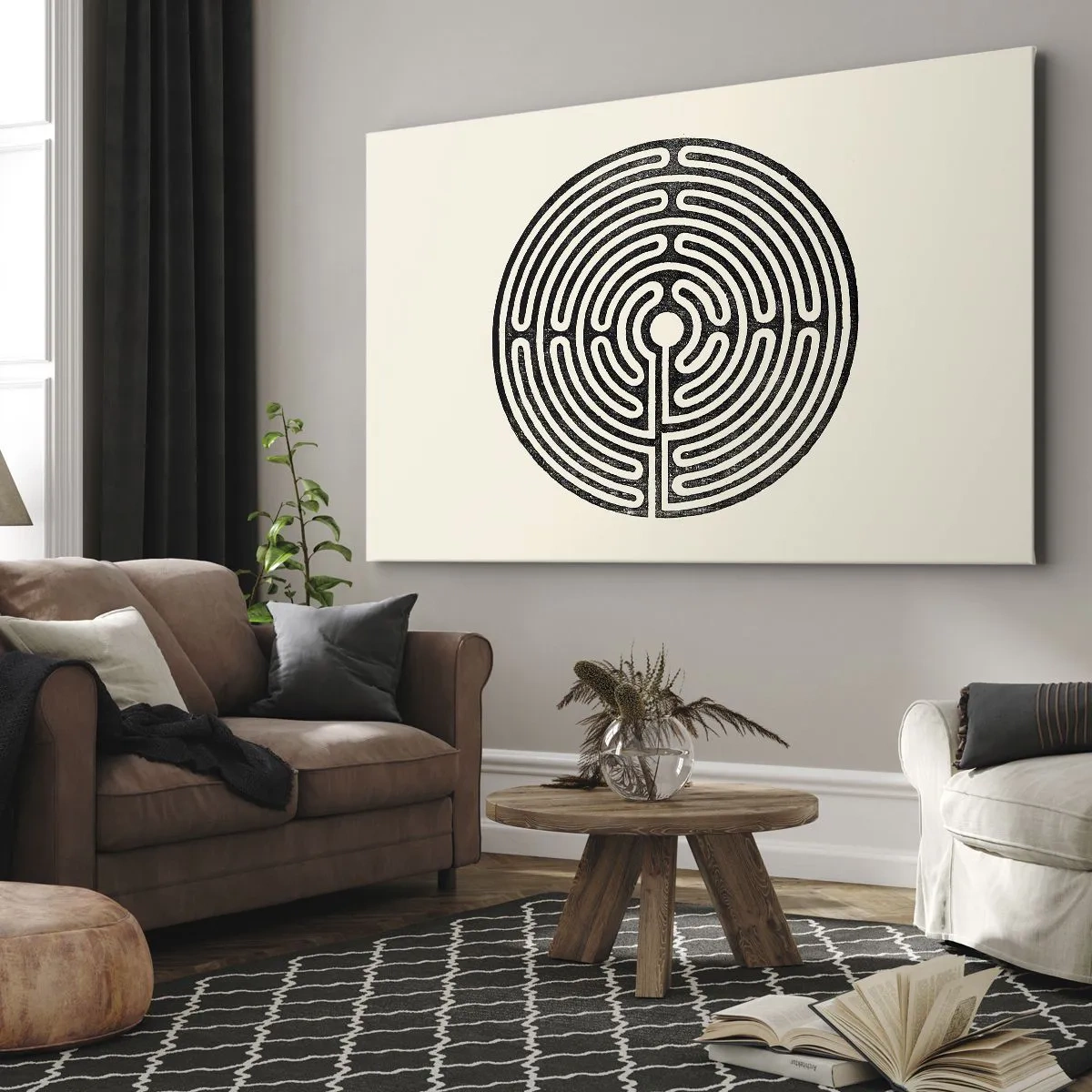 Impression sur toile - Image sur toile - Labyrinthe circulaire noir et blanc sur fond clair - 70x50cm - Ordre mystérieux - Décoration murale moderne pour le salon et la chambre ARTTOR