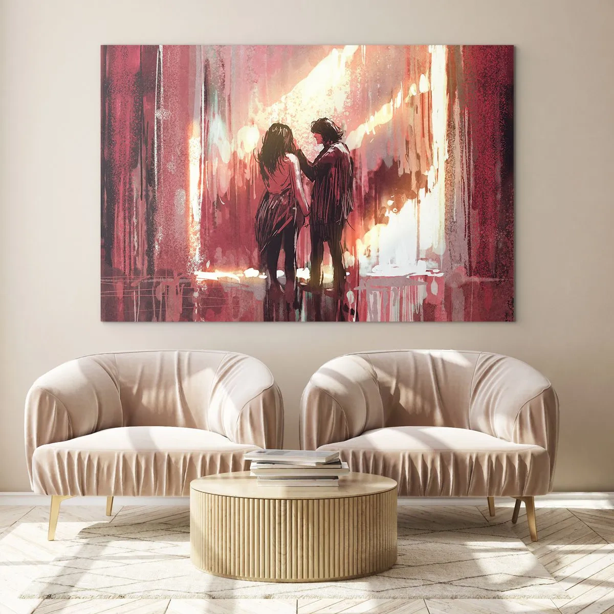 Impression sur verre - Image sur verre - Un couple dans la lumière chaleureuse d'un décor abstrait - 100x70cm - L'éternel spectacle de l'amour - Décoration murale moderne pour le salon et la chambre ARTTOR