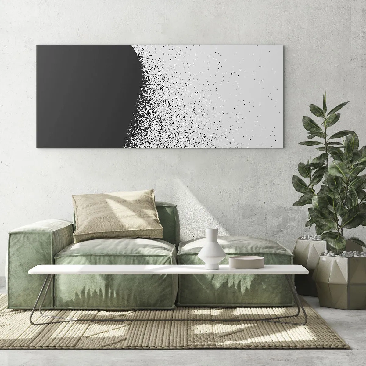 Impression sur verre - Image sur verre - Motif abstrait avec des particules noires sur un fond clair - 120x50cm - Mouvement des molécules - Décoration murale moderne pour le salon et la chambre ARTTOR