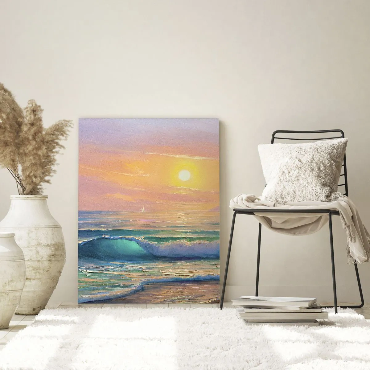 Impression sur verre - Image sur verre - Paysage marin avec des vagues et un coucher de soleil dans des tons turquoise - 50x70cm - Le chant turquoise des vagues - Décoration murale moderne pour le salon et la chambre ARTTOR