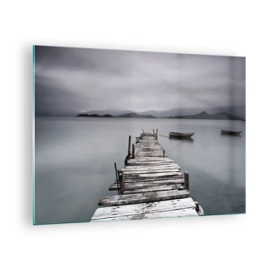 Impression sur verre - Image sur verre - Une jetée en bois sur un lac par temps brumeux - 70x50cm - Tu peux partir demain - Décoration murale moderne pour le salon et la chambre ARTTOR