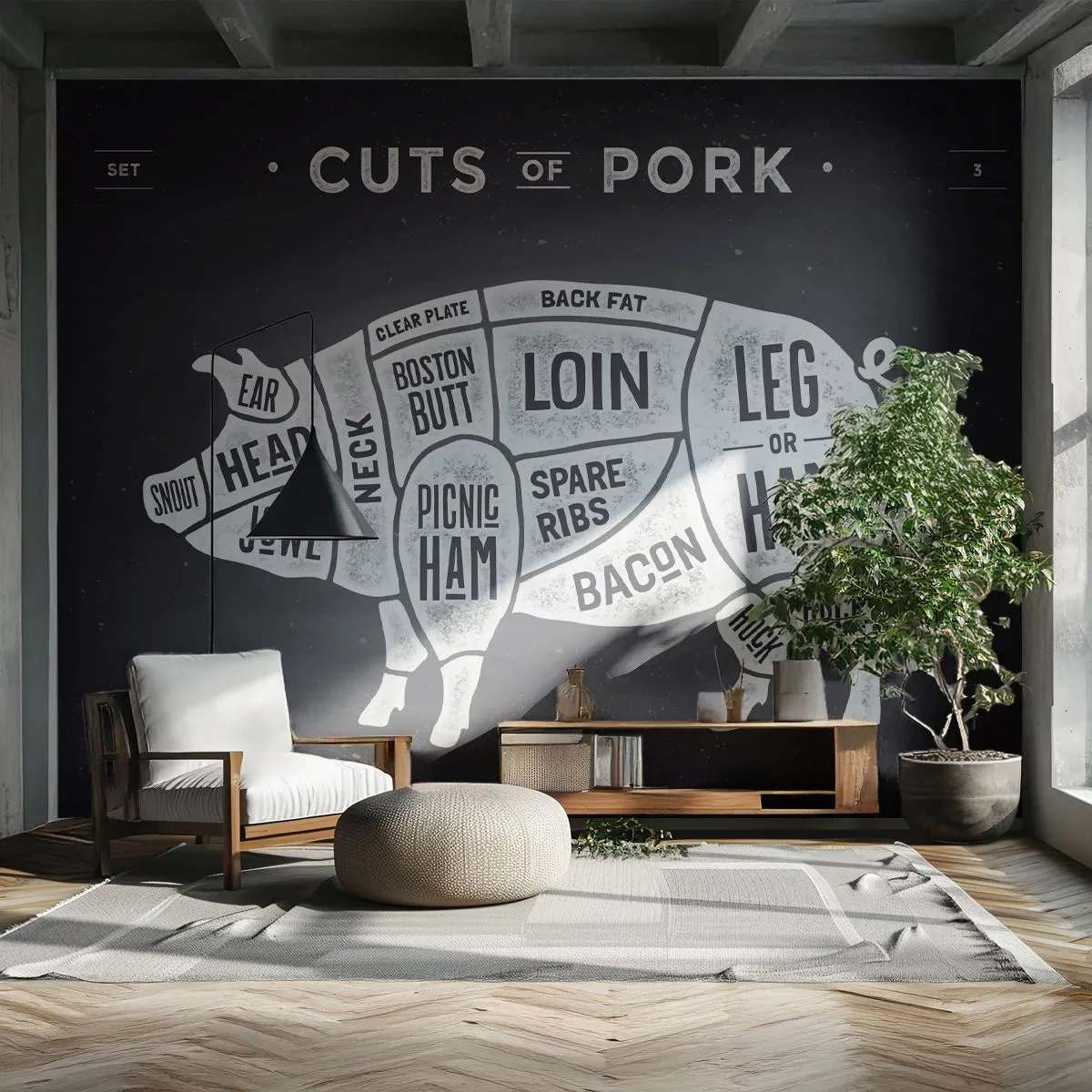 Papier Peint Autocollant Deluxe Sticker - L'art de la découpe - La gastronomie, Animal Cochon, Porc - 250x175 cm