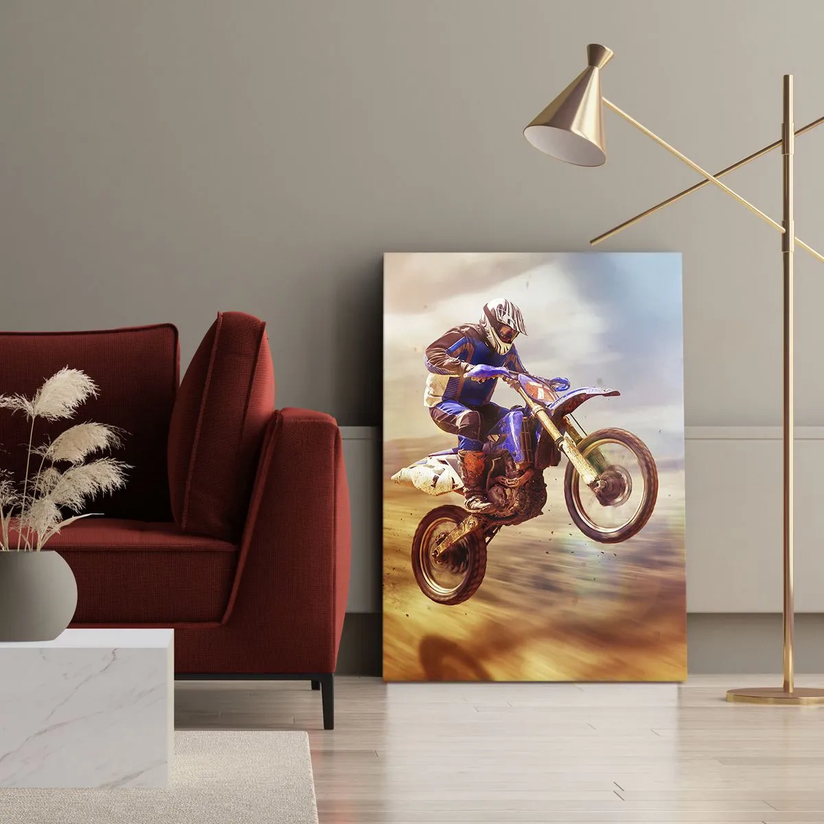 Impression sur toile - Image sur toile - Un motocycliste en vol lors d'une balade dynamique hors route - 80x120cm - Vertiges à moto - Décoration murale moderne pour le salon et la chambre ARTTOR