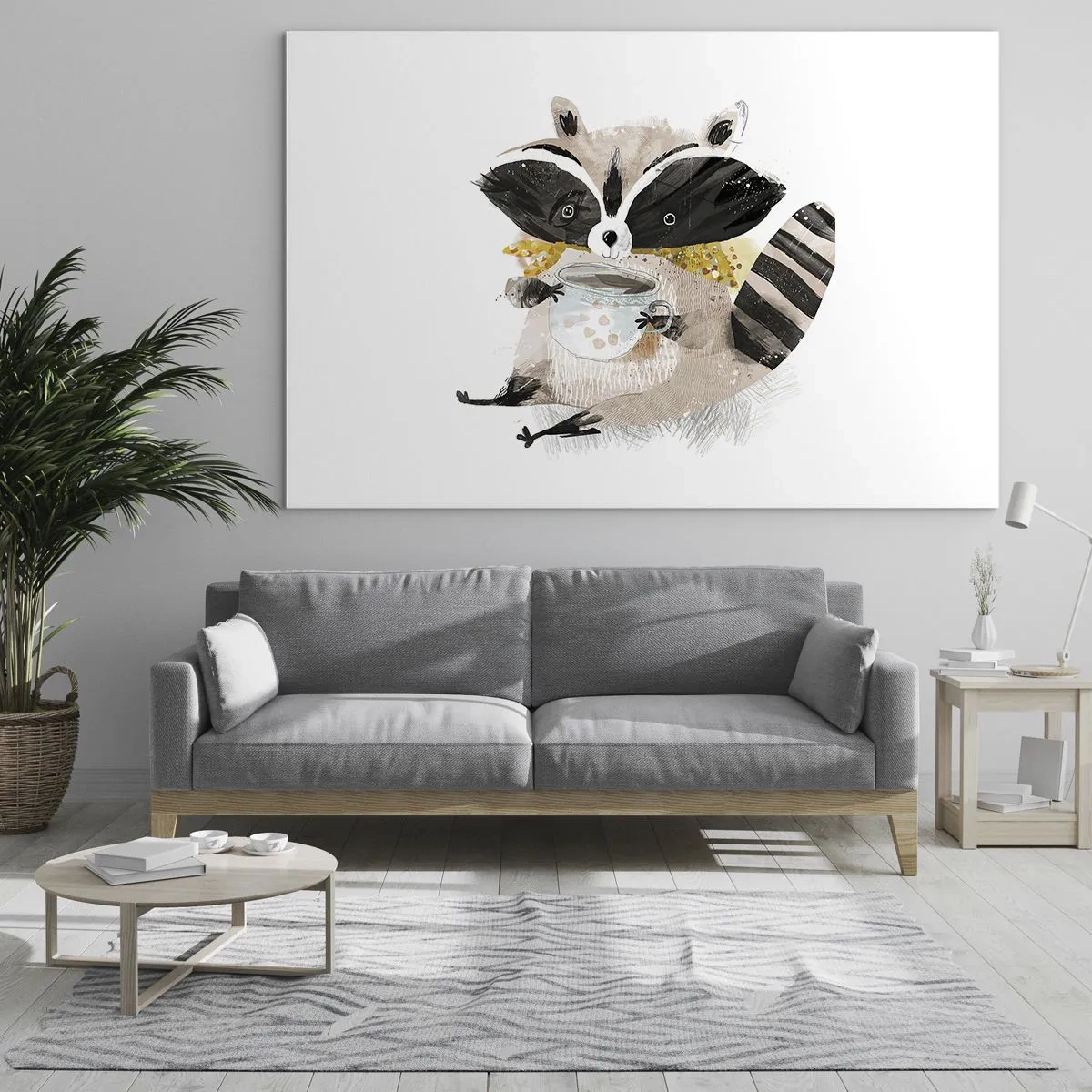 Impression sur verre - Image sur verre - Un raton laveur mignon tenant une tasse de boisson - 100x70cm - Mon ami le raton laveur - Décoration murale moderne pour le salon et la chambre ARTTOR