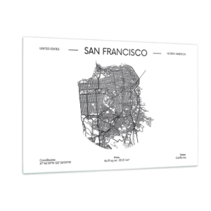 Impression sur verre - Image sur verre - Une carte minimaliste des rues de San Francisco - 120x80cm - Anatomie de San Fransisco - Décoration murale moderne pour le salon et la chambre ARTTOR