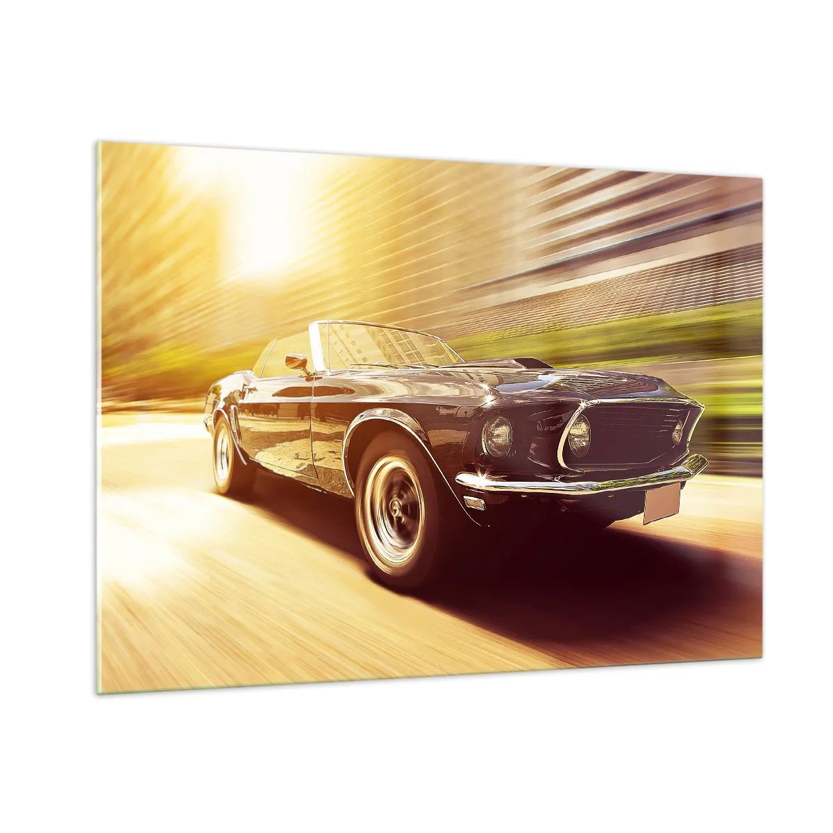 Impression sur verre - Image sur verre - Voiture classique en mouvement au soleil - 100x70cm - 1967 - le retour de la légende - Décoration murale moderne pour le salon et la chambre ARTTOR