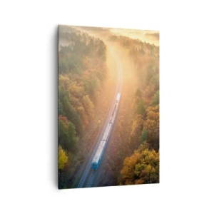 Impression sur toile - Image sur toile - Un train dans une forêt d'automne à l'aube - 70x100cm - Voyage printannier - Décoration murale moderne pour le salon et la chambre ARTTOR