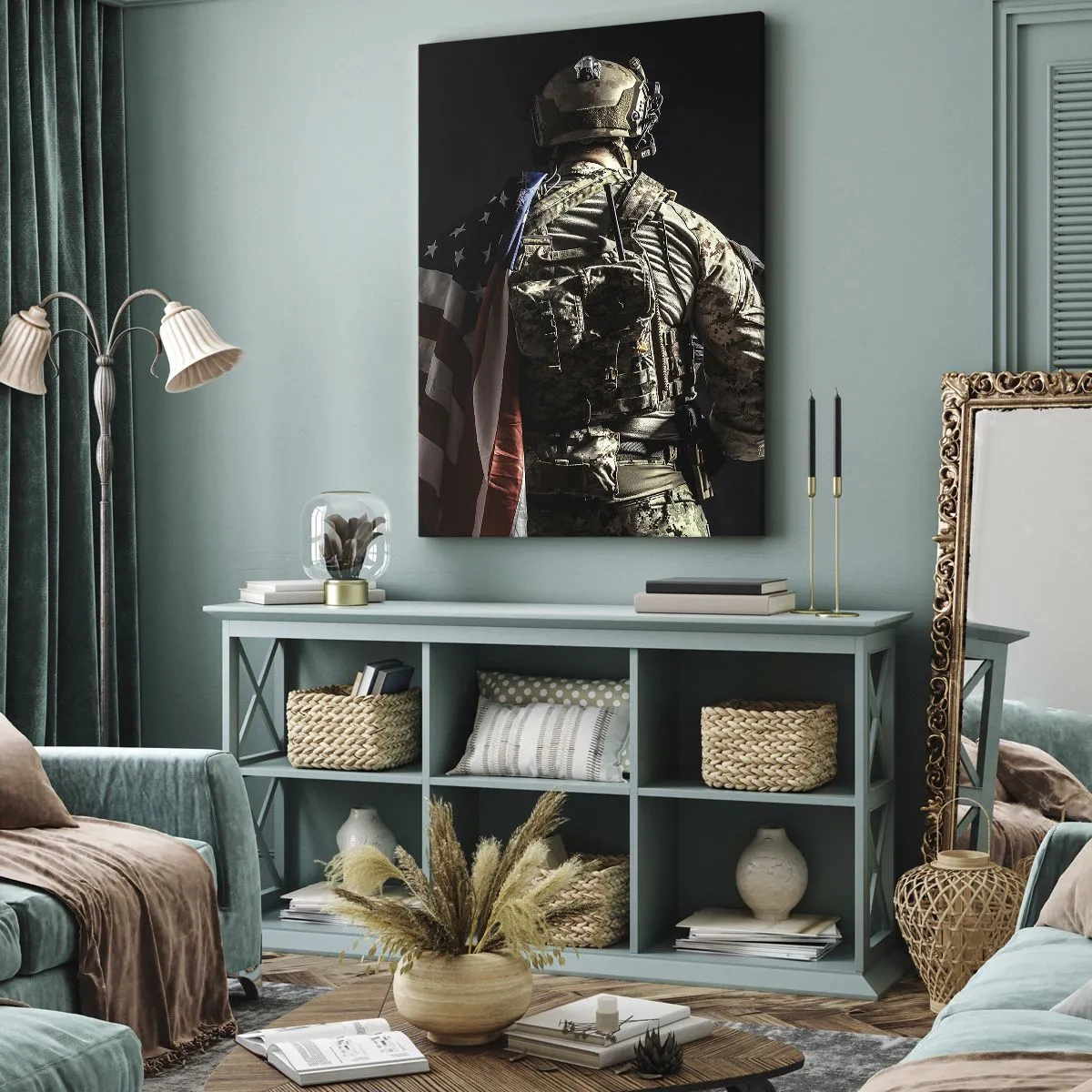 Impression sur toile - Image sur toile - Un soldat en uniforme avec un drapeau sur un fond sombre - 80x120cm - C'est exactement pour ça - Décoration murale moderne pour le salon et la chambre ARTTOR