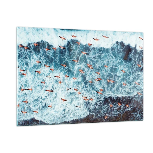 Impression sur verre - Image sur verre - Flamants roses au-dessus des vagues agitées de l'océan - 120x80cm - Défilé du bord de mer - Décoration murale moderne pour le salon et la chambre ARTTOR