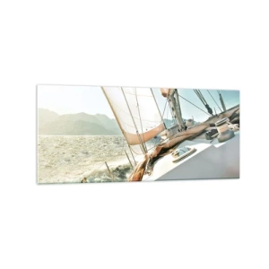 Impression sur verre - Image sur verre - Un yacht en pleine mer avec vue sur les montagnes - 120x50cm - Toutes voiles dehors - Décoration murale moderne pour le salon et la chambre ARTTOR