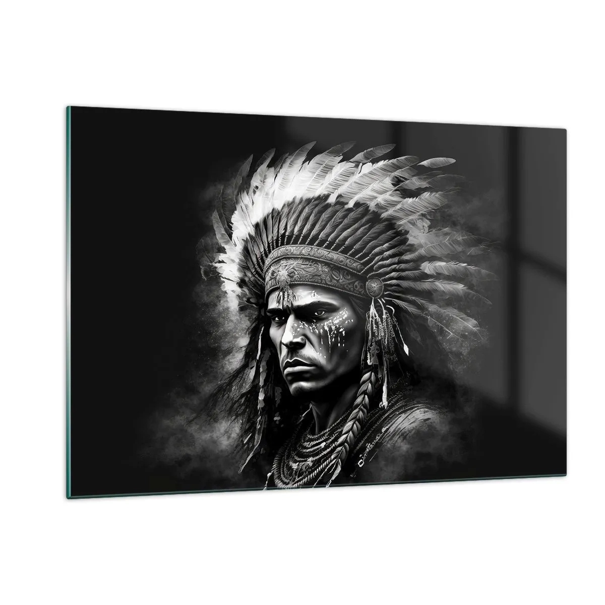 Impression sur verre - Image sur verre - Portrait en noir et blanc d'un guerrier avec une coiffe à plumes - 120x80cm - Un leader et un guerrier - Décoration murale moderne pour le salon et la chambre ARTTOR