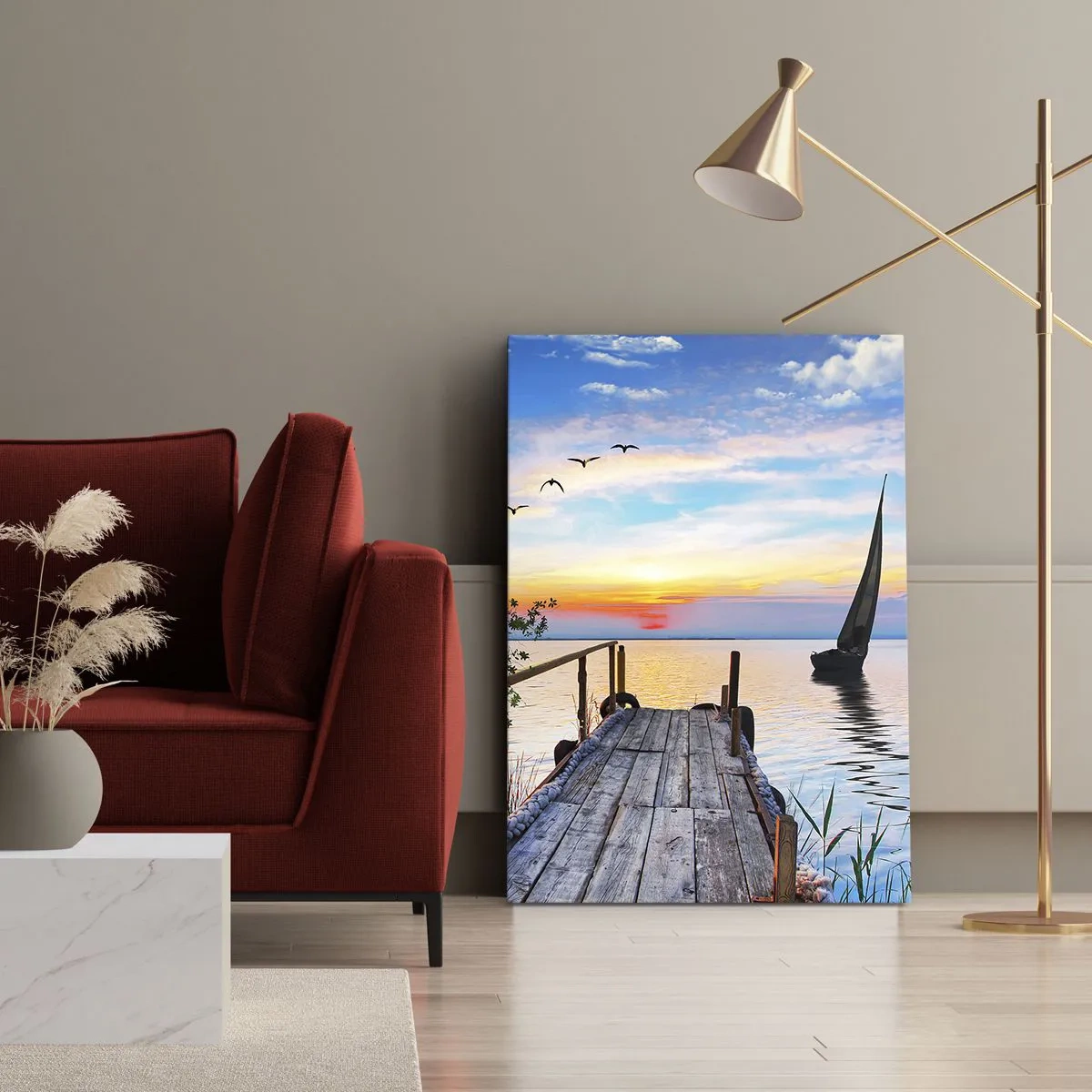 Impression sur toile - Image sur toile - Jetée du lac avec bateau et coucher de soleil - 50x70cm - Bonsoir! - Décoration murale moderne pour le salon et la chambre ARTTOR