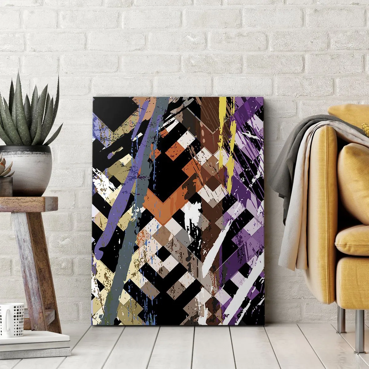 Impression sur toile - Image sur toile - Composition abstraite avec des lignes colorées sur fond noir - 50x70cm - Se mettre au carré - Décoration murale moderne pour le salon et la chambre ARTTOR