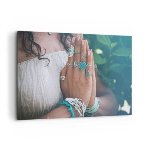 Impression sur toile - Image sur toile - Mains décorées de bijoux bohèmes - 120x80cm - Bienvenue au centre du bien-être - Décoration murale moderne pour le salon et la chambre ARTTOR