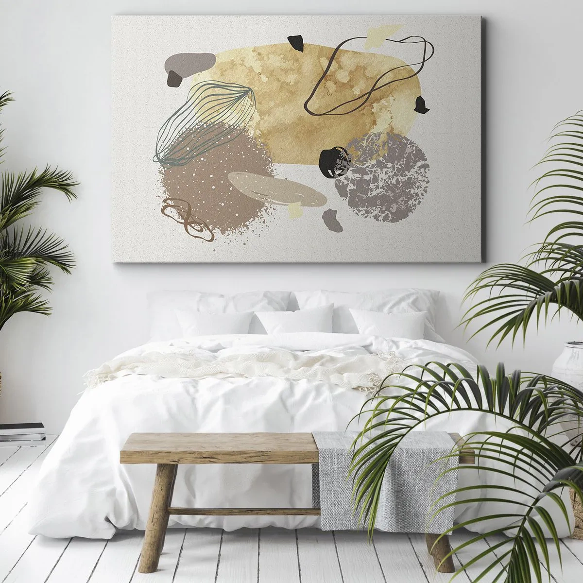 Impression sur toile - Image sur toile - Une composition de formes abstraites en beige et jaune. - 70x50cm - Plumcologie appliquée - Décoration murale moderne pour le salon et la chambre ARTTOR