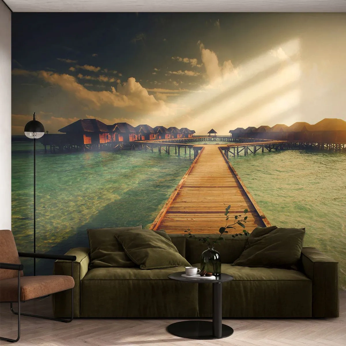Papier Peint Photo Premium Canvas - Invitation chaleureuse - Maldives, Paysage, Maisons sur l'eau - 250x175 cm
