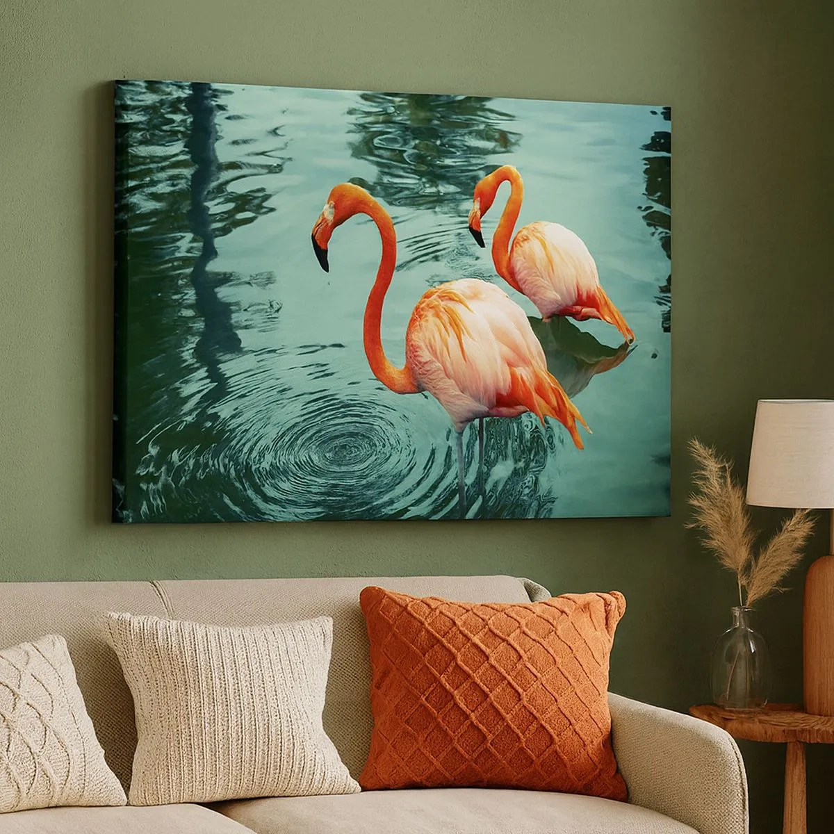 Impression sur toile - Image sur toile - Deux flamants roses dans l'eau calme reflétant leur environnement - 70x50cm - Nous sommes à la mode maintenant - Décoration murale moderne pour le salon et la chambre ARTTOR